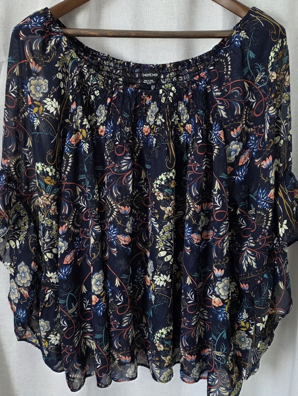 bebe Navy Floral Off-Shoulder Blouse with Multicolor Print